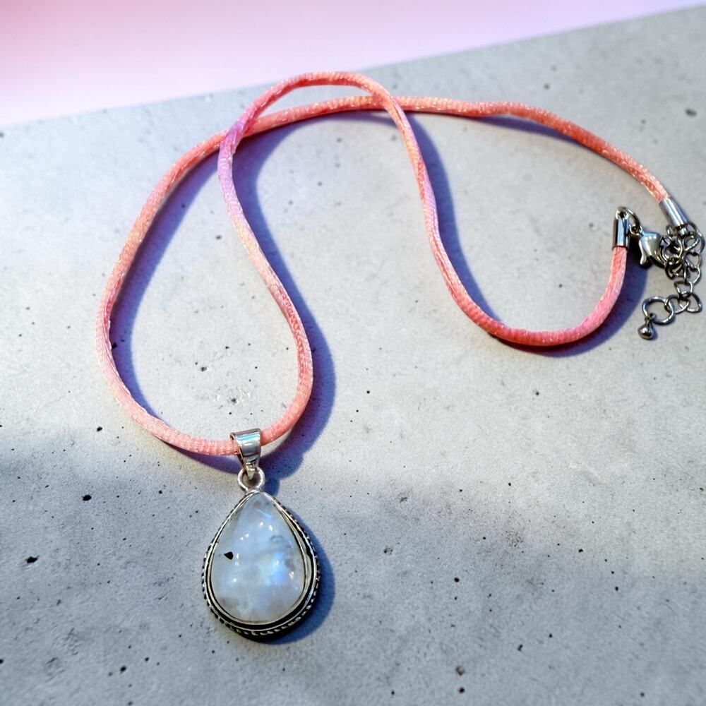 Rainbow Moonstone Sterling Silver Plated Silk Cord Necklace